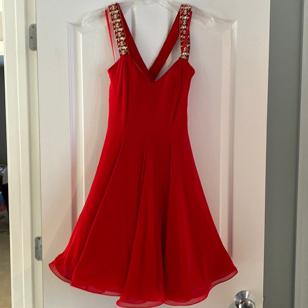 100% red silk cocktail dress with gold beading